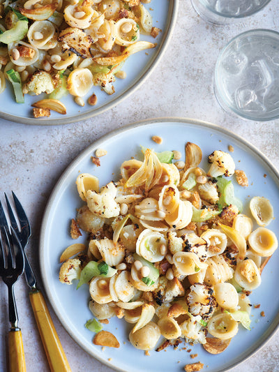 Orecchiette with grilled cauliflower, pine nuts and cheese