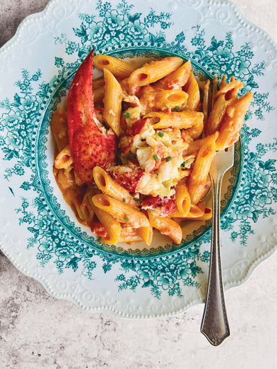 Penne Romanoff with lobster and gluten-free pasta