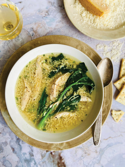 Stracciatella soup with chicken, spinach and filini pasta